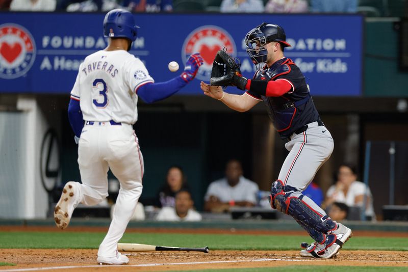 May 1, 2024; Arlington, Texas, USA; Texas Rangers outfielder Leody Taveras (3) is forced out at the plate by Washington Nationals catcher Riley Adams (15) during the sixth inning at Globe Life Field. Mandatory Credit: Andrew Dieb-USA TODAY Sports