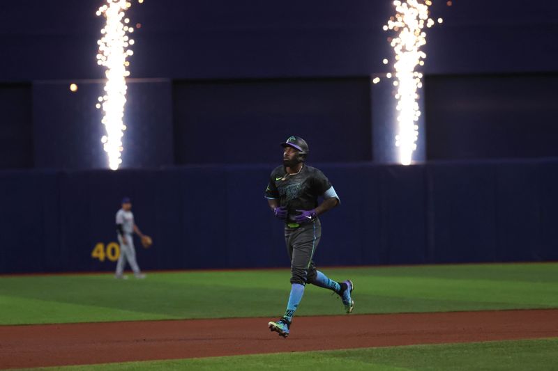 May 3, 2024; St. Petersburg, Florida, USA;  Tampa Bay Rays outfielder Randy Arozarena (56) runs around the bases after he hit a home run against the New York Mets  during the fourth inning at Tropicana Field. Mandatory Credit: Kim Klement Neitzel-USA TODAY Sports