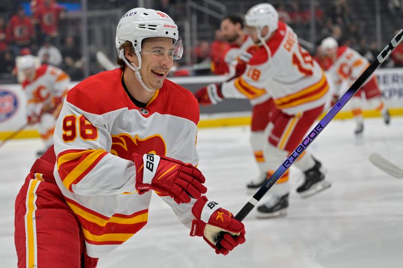 Apr 11, 2024; Los Angeles, California, USA;  Calgary Flames left wing Andrei Kuzmenko (96) warms up prior to the game against the Los Angeles Kings at Crypto.com Arena. Mandatory Credit: Jayne Kamin-Oncea-USA TODAY Sports