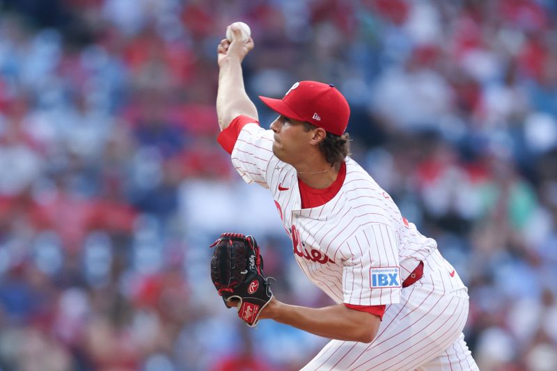 Aug 14, 2024; Philadelphia, Pennsylvania, USA; Philadelphia Phillies pitcher Tyler Phillips (48) throws a pitch during the first inning against the Miami Marlins at Citizens Bank Park. Mandatory Credit: Bill Streicher-USA TODAY Sports