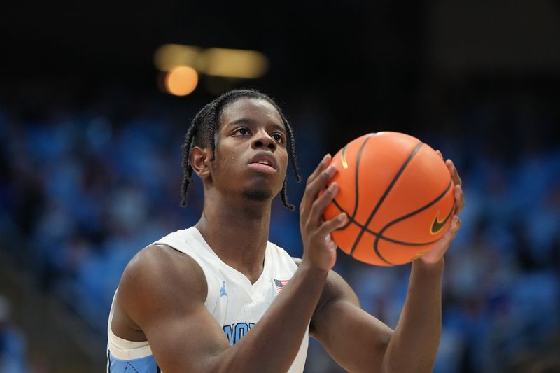 Feb 2, 2026; Chapel Hill, North Carolina, USA; North Carolina Tar Heels forward Caleb Wilson (8) on the free throw line in the second half at Dean E. Smith Center. Mandatory Credit: Bob Donnan-Imagn Images