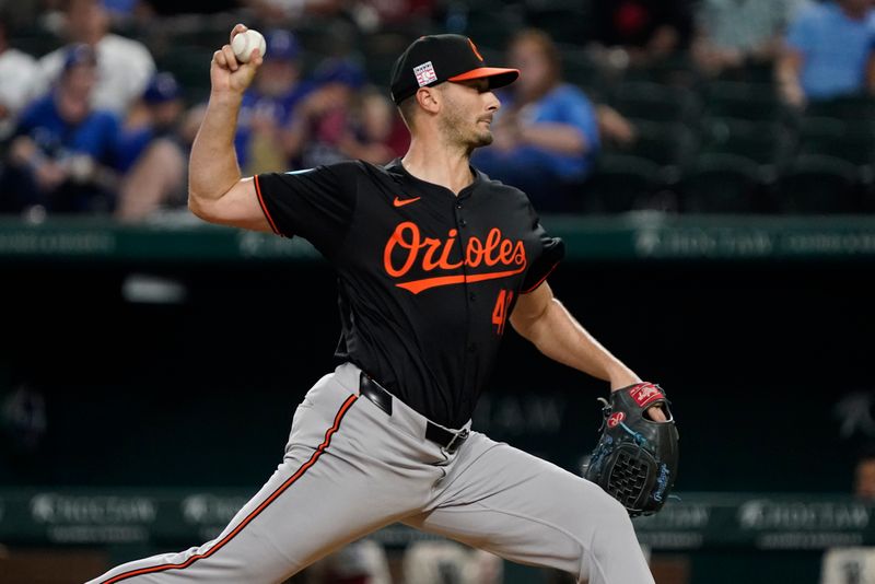 Jul 19, 2024; Arlington, Texas, USA; Baltimore Orioles pitcher Burch Smith (40) throws to the plate during the ninth inning against the Texas Rangers at Globe Life Field. Mandatory Credit: Raymond Carlin III-USA TODAY Sports