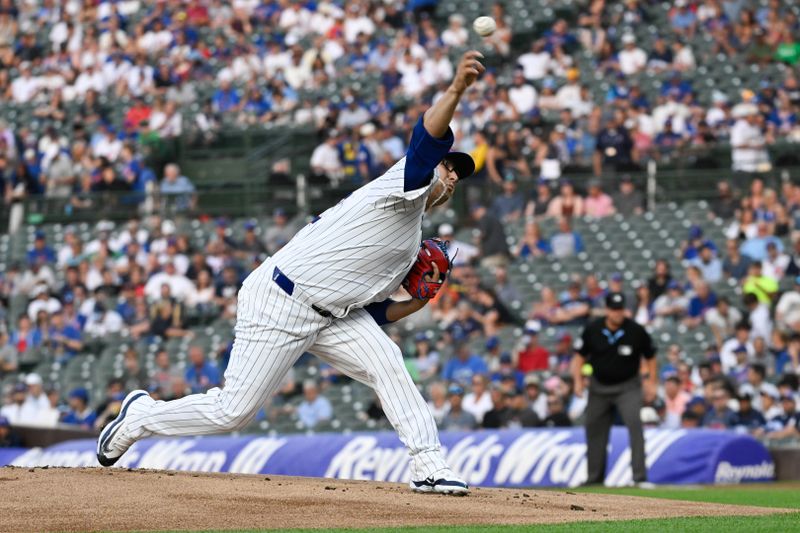 Jul 22, 2024; Chicago, Illinois, USA;  Chicago Cubs pitcher Javier Assad (72) throws against the Milwaukee Brewers during the first inningat Wrigley Field. Mandatory Credit: Matt Marton-USA TODAY Sports