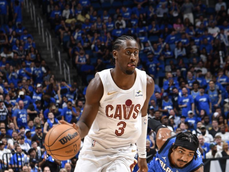 ORLANDO, FL - APRIL 25: Caris LeVert #3 of the Cleveland Cavaliers goes to the basket during the game against the Orlando Magic during Round 1 Game 3 of the 2024 NBA Playoffs on April 25, 2024 at Kia Center in Orlando, Florida. NOTE TO USER: User expressly acknowledges and agrees that, by downloading and or using this photograph, User is consenting to the terms and conditions of the Getty Images License Agreement. Mandatory Copyright Notice: Copyright 2023 NBAE (Photo by Fernando Medina/NBAE via Getty Images)