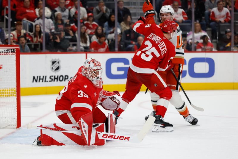 Nov 13, 2025; Detroit, Michigan, USA;  Detroit Red Wings goaltender Cam Talbot (39) makes the save in the third period against the Anaheim Ducks at Little Caesars Arena. Mandatory Credit: Rick Osentoski-Imagn Images