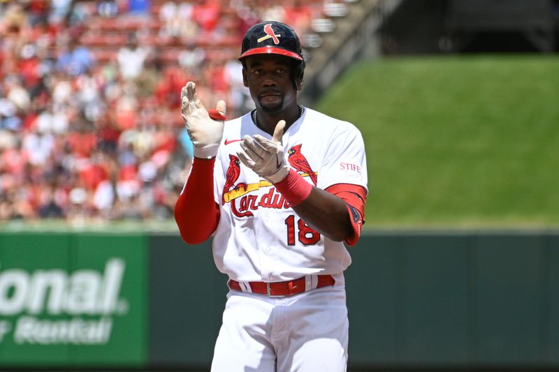 Jul 2, 2023; St. Louis, Missouri, USA; St. Louis Cardinals left fielder Jordan Walker (18) reacts after hitting an RBI single against the New York Yankees in the fourth inning at Busch Stadium. Mandatory Credit: Joe Puetz-USA TODAY Sports