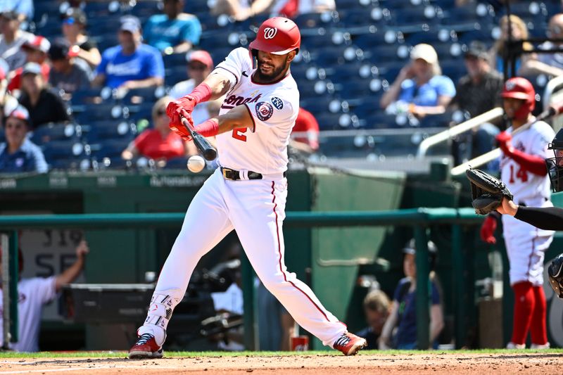 Sep 20, 2023; Washington, District of Columbia, USA; Washington Nationals second baseman Luis Garcia (2) doubles against the Chicago White Sox during the second inning at Nationals Park. Mandatory Credit: Brad Mills-USA TODAY Sports