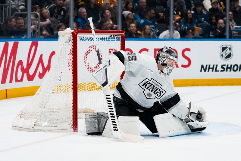 Mar 26, 2026; Vancouver, British Columbia, CAN; Los Angeles Kings goalie Darcy Kuemper (35) makes a save against the Vancouver Canucks in the second period at Rogers Arena. Mandatory Credit: Bob Frid-Imagn Images