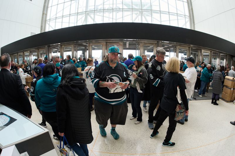 Mar 9, 2024; San Jose, California, USA; Fans arrive before the game between the San Jose Sharks and the Ottawa Senators at SAP Center at San Jose. Mandatory Credit: Robert Edwards-USA TODAY Sports