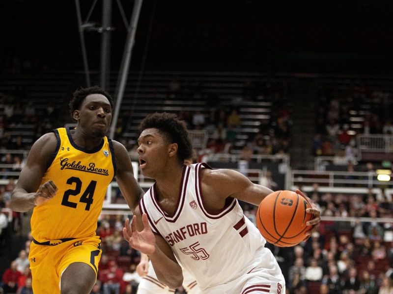 Jan 28, 2023; Stanford, California, USA; Stanford Cardinal forward Harrison Ingram (55) drives past California Golden Bears forward Sam Alajiki (24) during the first half at Maples Pavilion. Mandatory Credit: D. Ross Cameron-USA TODAY Sports