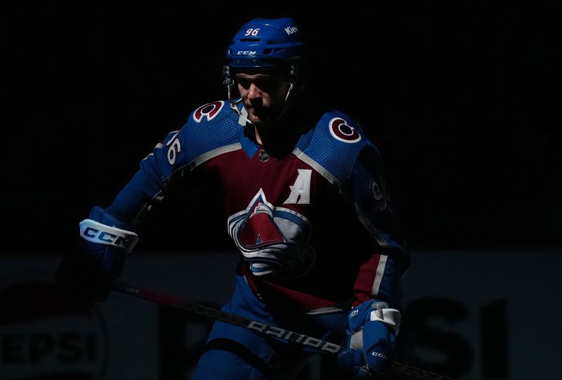 Jan 10, 2024; Denver, Colorado, USA; Colorado Avalanche right wing Mikko Rantanen (96) before the game against the Vegas Golden Knights at Ball Arena. Mandatory Credit: Ron Chenoy-USA TODAY Sports