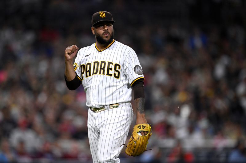 Sep 5, 2023; San Diego, California, USA; San Diego Padres starting pitcher Pedro Avila (60) reacts after an inning-ending double play during the third inning against the Philadelphia Phillies at Petco Park. Mandatory Credit: Orlando Ramirez-USA TODAY Sports