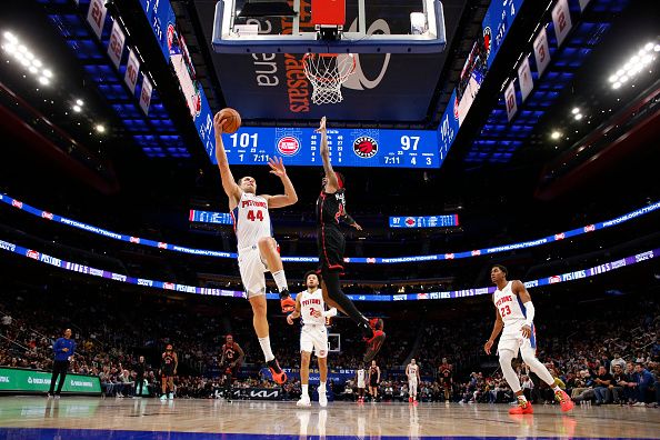 DETROIT, MI - DECEMBER 30: Bojan Bogdanovic #44 of the Detroit Pistons drives to the basket during the game against the Toronto Raptors on December 30, 2023 at Little Caesars Arena in Detroit, Michigan. NOTE TO USER: User expressly acknowledges and agrees that, by downloading and/or using this photograph, User is consenting to the terms and conditions of the Getty Images License Agreement. Mandatory Copyright Notice: Copyright 2023 NBAE (Photo by Brian Sevald/NBAE via Getty Images)