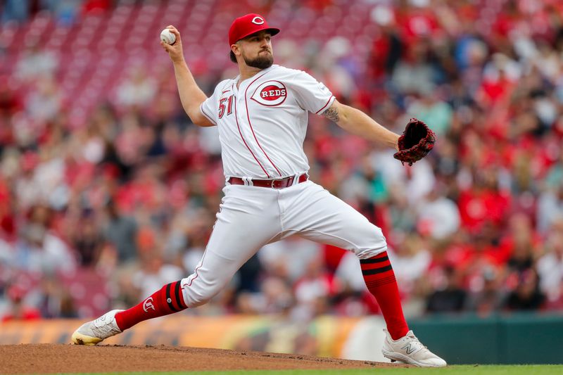 Aug 15, 2023; Cincinnati, Ohio, USA; Cincinnati Reds starting pitcher Graham Ashcraft (51) pitches against the Cleveland Guardians in the first inning at Great American Ball Park. Mandatory Credit: Katie Stratman-USA TODAY Sports