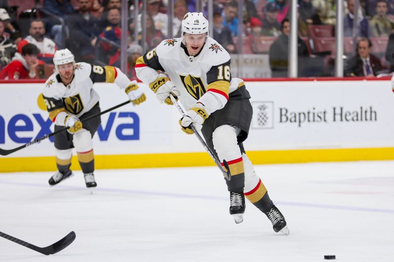 Dec 23, 2023; Sunrise, Florida, USA; Vegas Golden Knights left wing Pavel Dorofeyev (16) moves the puck against the Florida Panthers during the first period at Amerant Bank Arena. Mandatory Credit: Sam Navarro-USA TODAY Sports