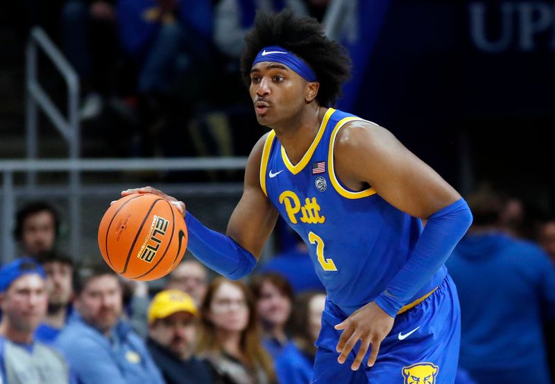 Feb 17, 2024; Pittsburgh, Pennsylvania, USA;  Pittsburgh Panthers forward Blake Hinson (2) dribbles the ball  against the Louisville Cardinals during the first half at the Petersen Events Center. Pittsburgh won 86-59. Mandatory Credit: Charles LeClaire-USA TODAY Sports