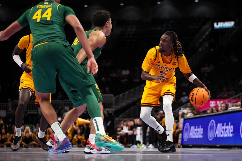 Mar 10, 2026; Kansas City, MO, USA; Arizona State Sun Devils guard Anthony Johnson (2) dribbles during the first half against the Baylor Bears at T-Mobile Center. Mandatory Credit: William Purnell-Imagn Images