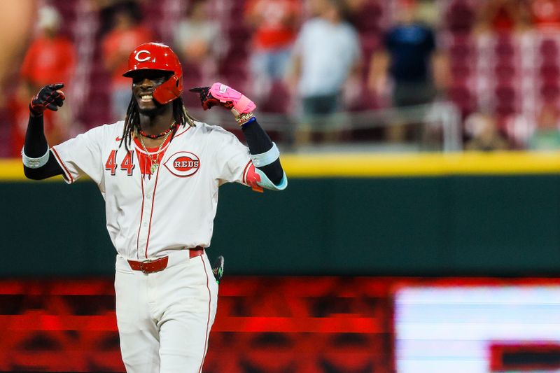 Aug 14, 2024; Cincinnati, Ohio, USA; Cincinnati Reds shortstop Elly De La Cruz (44) reacts after hitting a RBI double in the eighth inning against the St. Louis Cardinals at Great American Ball Park. Mandatory Credit: Katie Stratman-USA TODAY Sports