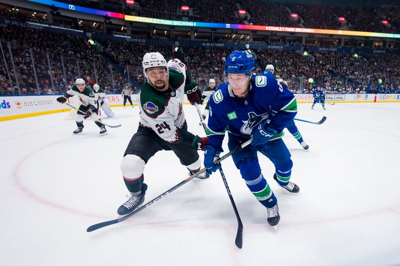 Jan 18, 2024; Vancouver, British Columbia, CAN; Arizona Coyotes defenseman Matt Dumba (24) battles with Vancouver Canucks forward Brock Boeser (6) in the third period at Rogers Arena. Vancouver won 2-1. Mandatory Credit: Bob Frid-USA TODAY Sports