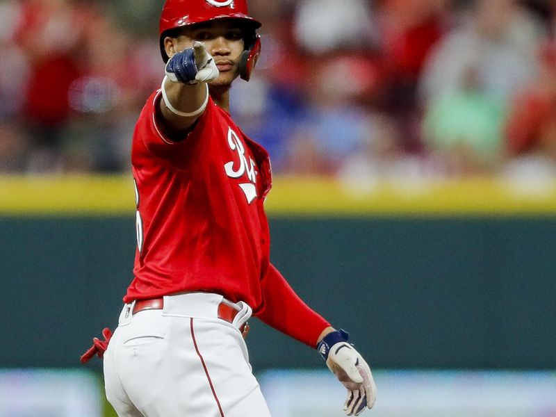 Aug 19, 2023; Cincinnati, Ohio, USA; Cincinnati Reds pinch runner Noelvi Marte (16) reacts after designated hitter Christian Encarnacion-Strand (not pictured) hits a single in the ninth inning against the Toronto Blue Jays at Great American Ball Park. Mandatory Credit: Katie Stratman-USA TODAY Sports