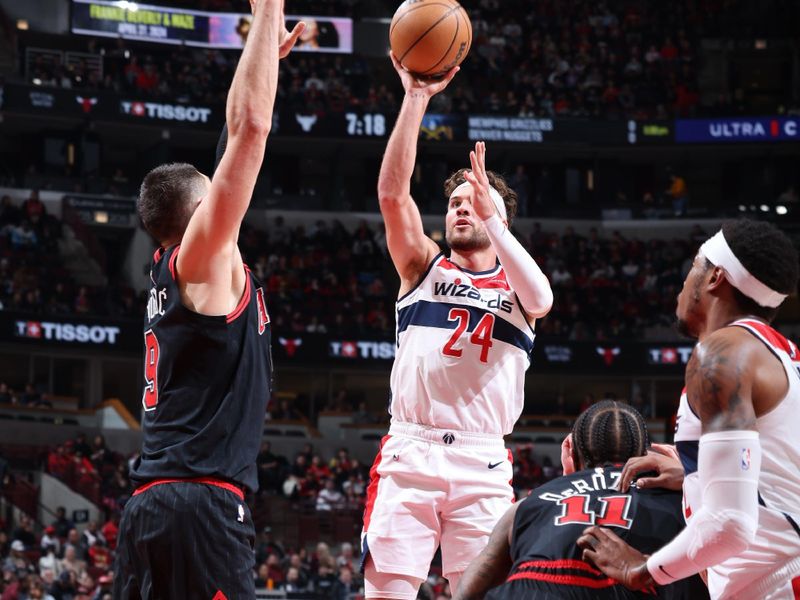 CHICAGO, IL - MARCH 25:  Corey Kispert #24 of the Washington Wizards shoots the ball during the game against the Chicago Bulls on March 25, 2024 at United Center in Chicago, Illinois. NOTE TO USER: User expressly acknowledges and agrees that, by downloading and or using this photograph, User is consenting to the terms and conditions of the Getty Images License Agreement. Mandatory Copyright Notice: Copyright 2024 NBAE (Photo by Jeff Haynes/NBAE via Getty Images)