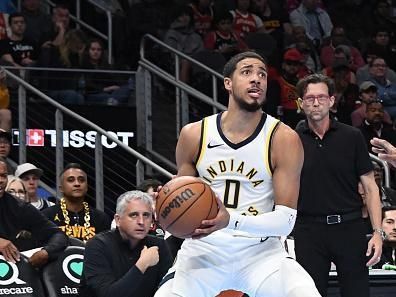 ATLANTA, GA - NOVEMBER 21: Tyrese Haliburton #0 of the Indiana Pacers handles the ball during the game  during the in Season Tournament on November 21, 2023 at State Farm Arena in Atlanta, Georgia.  NOTE TO USER: User expressly acknowledges and agrees that, by downloading and/or using this Photograph, user is consenting to the terms and conditions of the Getty Images License Agreement. Mandatory Copyright Notice: Copyright 2023 NBAE (Photo by Scott Cunningham/NBAE via Getty Images)