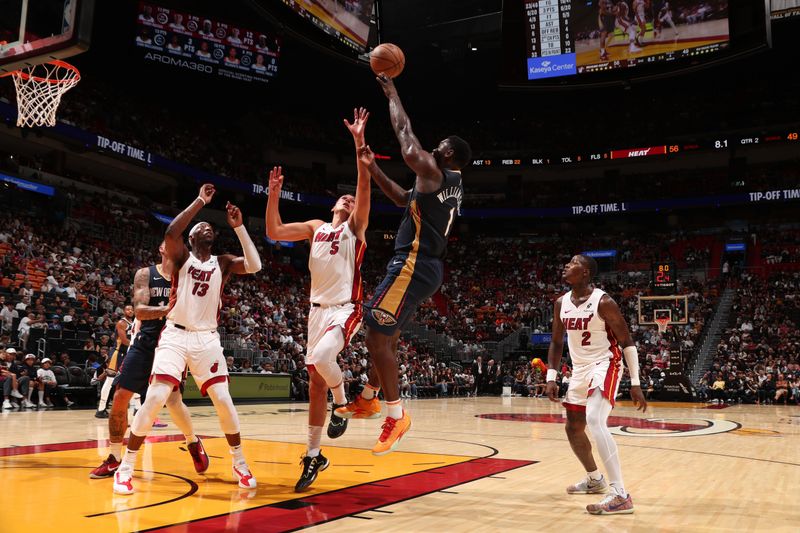MIAMI, FL - OCTOBER 13: Zion Williamson #1 of the New Orleans Pelicans shoots the ball during the game against the Miami Heat during a NBA pre season game on October 13, 2024 at Kaseya Center in Miami, Florida. NOTE TO USER: User expressly acknowledges and agrees that, by downloading and or using this Photograph, user is consenting to the terms and conditions of the Getty Images License Agreement. Mandatory Copyright Notice: Copyright 2024 NBAE (Photo by Issac Baldizon/NBAE via Getty Images)