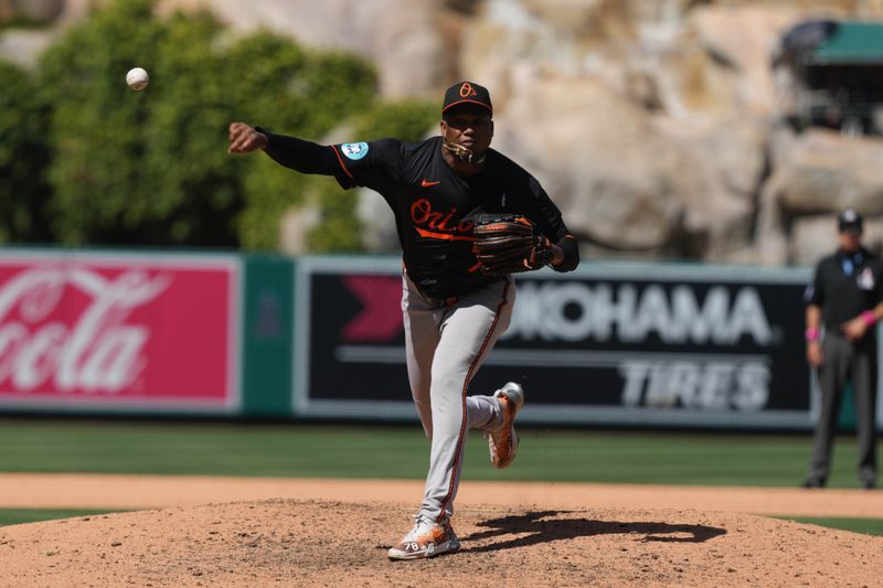May 11, 2025; Anaheim, California, USA; Baltimore Orioles relief pitcher Yennier Cano (78) throws in the eighth inning against the Los Angeles Angels at Angel Stadium. Mandatory Credit: Kirby Lee-Imagn Images