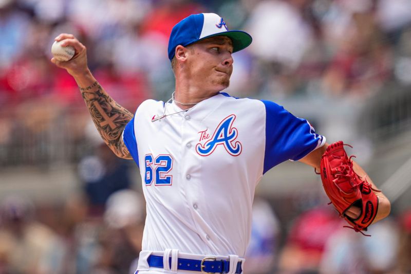 Jul 30, 2023; Cumberland, Georgia, USA; Atlanta Braves starting pitcher AJ Smith-Shawver (62) pitches against the Milwaukee Brewers during the first inning at Truist Park. Mandatory Credit: Dale Zanine-USA TODAY Sports