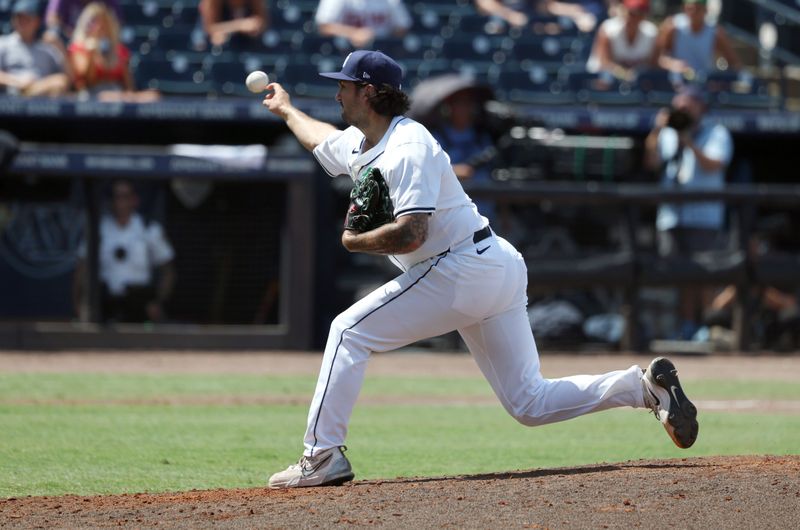 May 28, 2025; Tampa, FL, USA;  Tampa Bay Rays pitcher Connor Seabold (41) throws a pitch during the ninth inning against the Minnesota Twins at George M. Steinbrenner Field. Mandatory Credit: Kim Klement Neitzel-Imagn Images