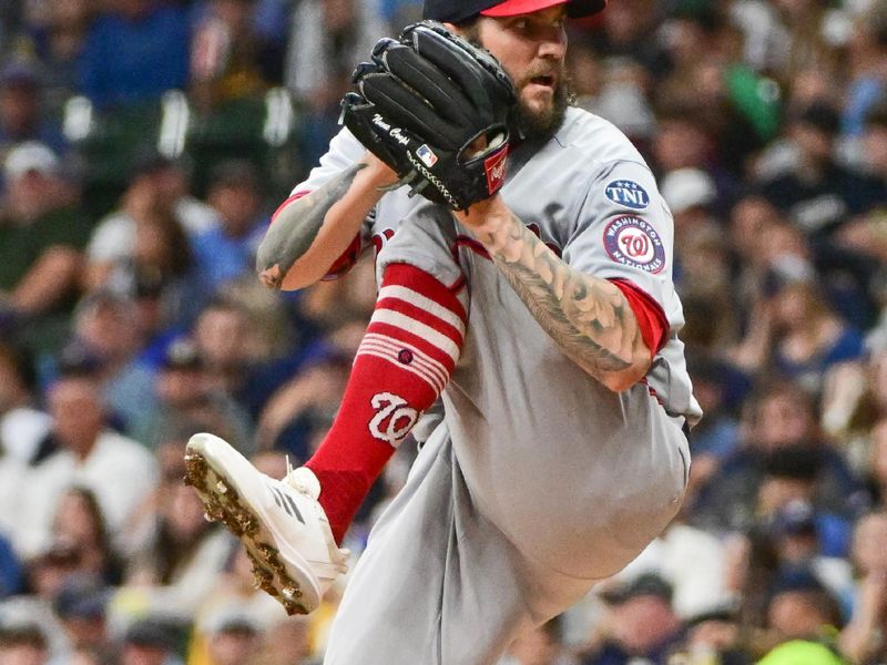 Sep 16, 2023; Milwaukee, Wisconsin, USA;  Washington Nationals pitcher Trevor Williams (32) pitches against the Milwaukee Brewers in the first inning at American Family Field. Mandatory Credit: Benny Sieu-USA TODAY Sports