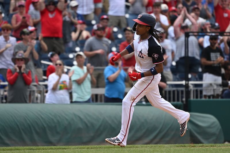 May 26, 2024; Washington, District of Columbia, USA; Washington Nationals shortstop CJ Abrams (5) rounds third base after hitting a three run home run against the Seattle Mariners during the seventh inning at Nationals Park. Mandatory Credit: Rafael Suanes-USA TODAY Sports