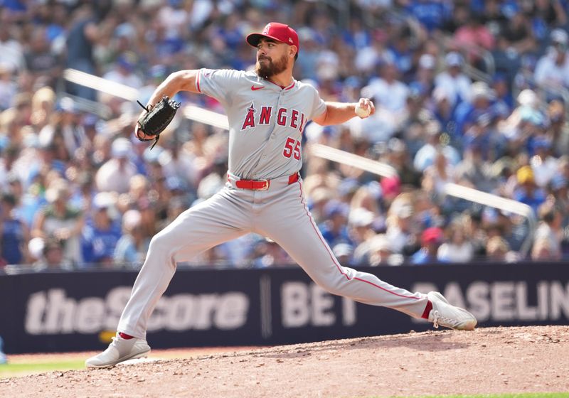 Aug 25, 2024; Toronto, Ontario, CAN; Los Angeles Angels relief pitcher Matt Moore (55) throws a pitch against theToronto Blue Jays during the seventh  inning at Rogers Centre. Mandatory Credit: Nick Turchiaro-USA TODAY Sports
