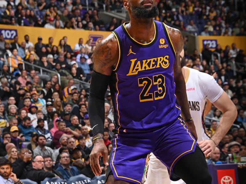 LOS ANGELES, CA - FEBRUARY 9: LeBron James #23 of the Los Angeles Lakers waits for a rebound during the game against the New Orleans Pelicans on February 9, 2024 at Crypto.Com Arena in Los Angeles, California. NOTE TO USER: User expressly acknowledges and agrees that, by downloading and/or using this Photograph, user is consenting to the terms and conditions of the Getty Images License Agreement. Mandatory Copyright Notice: Copyright 2024 NBAE (Photo by Andrew D. Bernstein/NBAE via Getty Images)