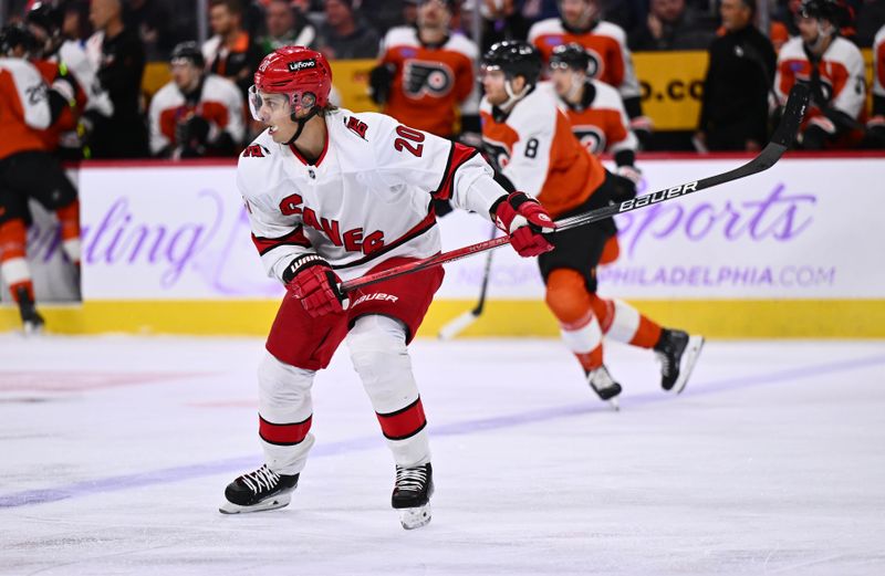 Nov 28, 2023; Philadelphia, Pennsylvania, USA; Carolina Hurricanes center Sebastian Aho (20) in action against the Philadelphia Flyers in the first period at Wells Fargo Center. Mandatory Credit: Kyle Ross-USA TODAY Sports