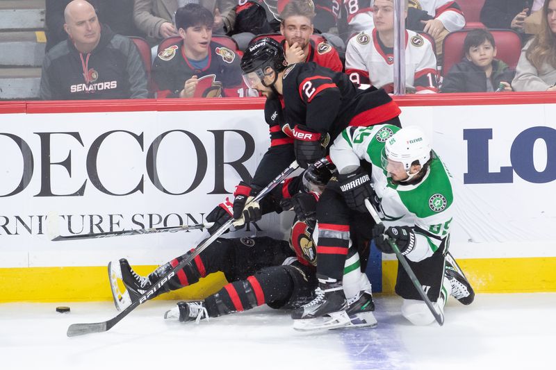 Feb 22, 2024; Ottawa, Ontario, CAN; Ottawa Senators right wing Mathieu Joseph (21) is checked by Dallas Stars center Matt Duchene (95) in the third period at the Canadian Tire Centre. Mandatory Credit: Marc DesRosiers-USA TODAY Sports