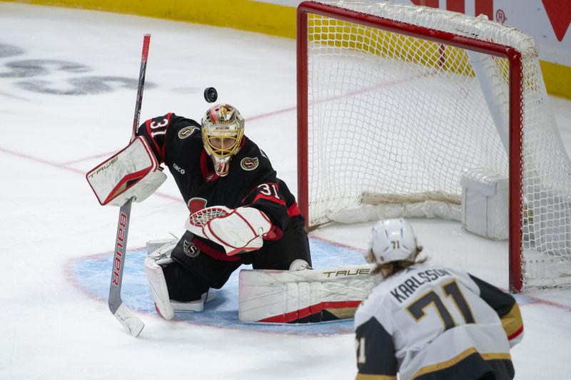 Feb 24, 2024; Ottawa, Ontario, CAN; Ottawa Senators goalie Anton Forsberg (31) makes a save on a shot from Vegas Golden Knights center William Karlsson (71) in the third period at the Canadian Tire Centre. Mandatory Credit: Marc DesRosiers-USA TODAY Sports