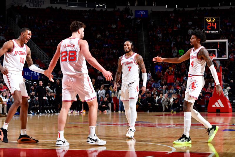 HOUSTON, TX - JANUARY 20: Alperen Sengun #28 celebrates with Jabari Smith Jr. #10, Cam Whitmore #7 and Jalen Green #4 of the Houston Rockets during the game against the Utah Jazz on January 20, 2024 at the Toyota Center in Houston, Texas. NOTE TO USER: User expressly acknowledges and agrees that, by downloading and or using this photograph, User is consenting to the terms and conditions of the Getty Images License Agreement. Mandatory Copyright Notice: Copyright 2024 NBAE (Photo by Logan Riely/NBAE via Getty Images)