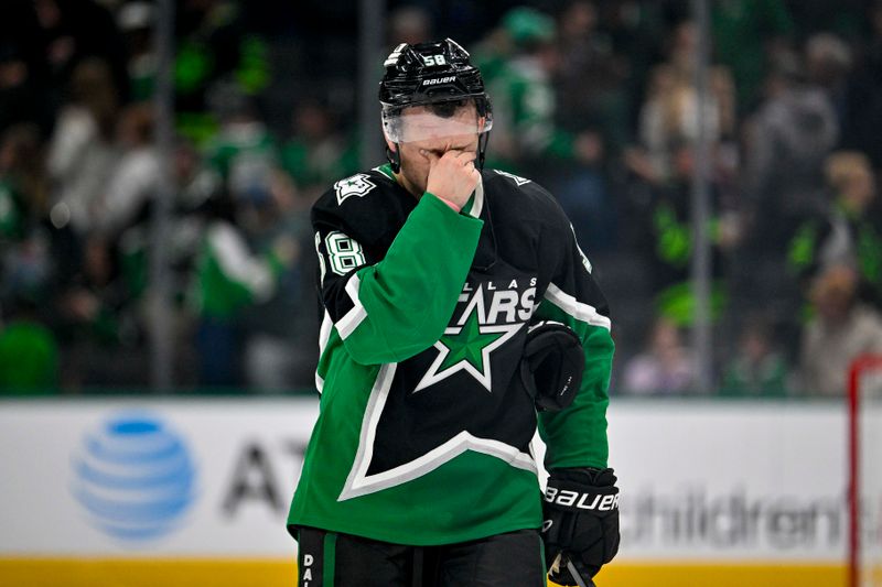 Mar 22, 2026; Dallas, Texas, USA; Dallas Stars left wing Michael Bunting (58) skates off the ice after the Vegas Golden Knights victory over the Stars at the American Airlines Center. Mandatory Credit: Jerome Miron-Imagn Images