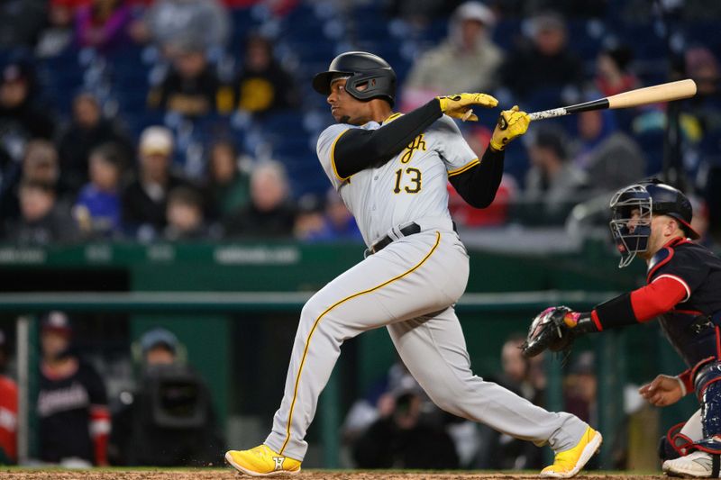 Apr 4, 2024; Washington, District of Columbia, USA; Pittsburgh Pirates third baseman Ke'Bryan Hayes (13) at bat during the eighth inning against the Washington Nationals at Nationals Park. Mandatory Credit: Reggie Hildred-USA TODAY Sports