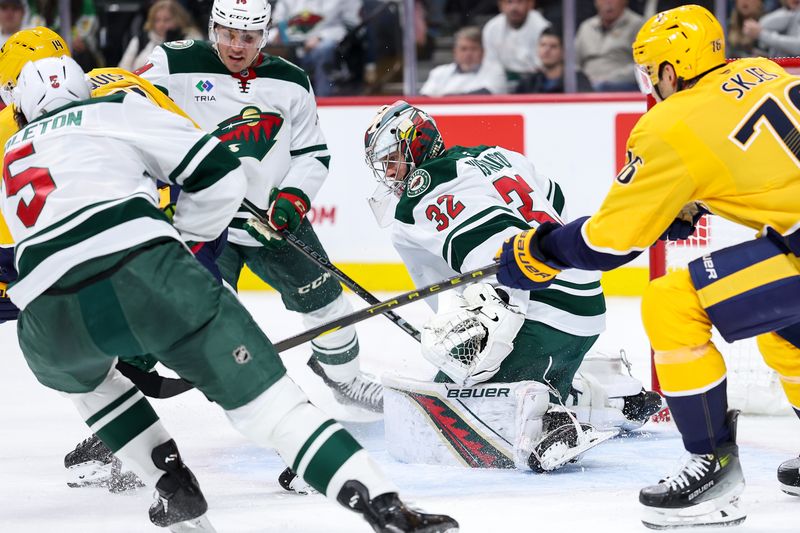 Nov 30, 2024; Saint Paul, Minnesota, USA; Minnesota Wild goaltender Filip Gustavsson (32) defends his net against the Nashville Predators during the first period at Xcel Energy Center. Mandatory Credit: Matt Krohn-Imagn Images