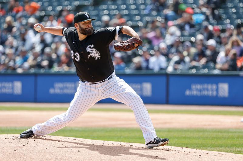 Apr 6, 2023; Chicago, Illinois, USA; Chicago White Sox starting pitcher Lance Lynn (33) delivers against the San Francisco Giants during the first inning at Guaranteed Rate Field. Mandatory Credit: Kamil Krzaczynski-USA TODAY Sports