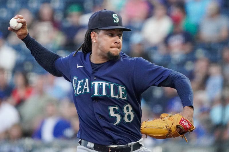 Aug 16, 2023; Kansas City, Missouri, USA; Seattle Mariners starting pitcher Luis Castillo (58) delivers a pitch against the Kansas City Royals in the first inning at Kauffman Stadium. Mandatory Credit: Denny Medley-USA TODAY Sports