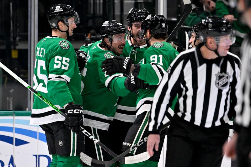 Nov 14, 2024; Dallas, Texas, USA; Dallas Stars defenseman Thomas Harley (55) and center Matt Duchene (95) and center Tyler Seguin (91) and left wing Mason Marchment (27) celebrates a goal scored by Duchene against the Boston Bruins during the first period at the American Airlines Center. Mandatory Credit: Jerome Miron-Imagn Images