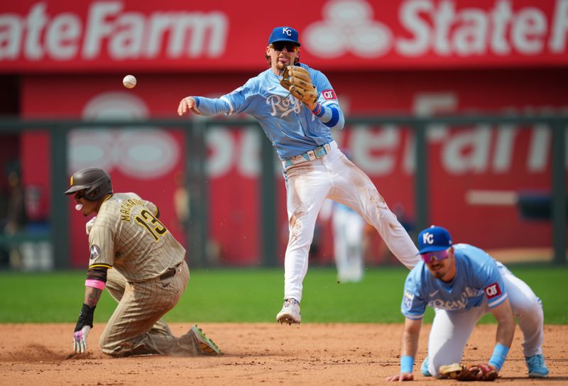 Jun 1, 2024; Kansas City, Missouri, USA; Kansas City Royals shortstop Bobby Witt Jr. (7) throws to first base after forcing out San Diego Padres third baseman Manny Machado (13) during the fifth inning at Kauffman Stadium. Mandatory Credit: Jay Biggerstaff-USA TODAY Sports