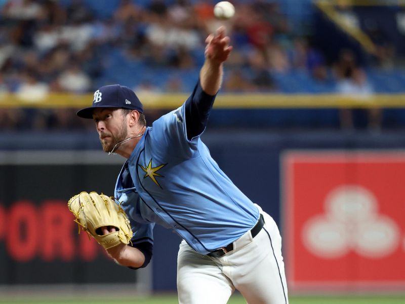 Jul 30, 2024; St. Petersburg, Florida, USA;  Tampa Bay Rays starting pitcher Jeffrey Springs (59) throws a pitch against the Miami Marlins during the first inning at Tropicana Field. Mandatory Credit: Kim Klement Neitzel-USA TODAY Sports