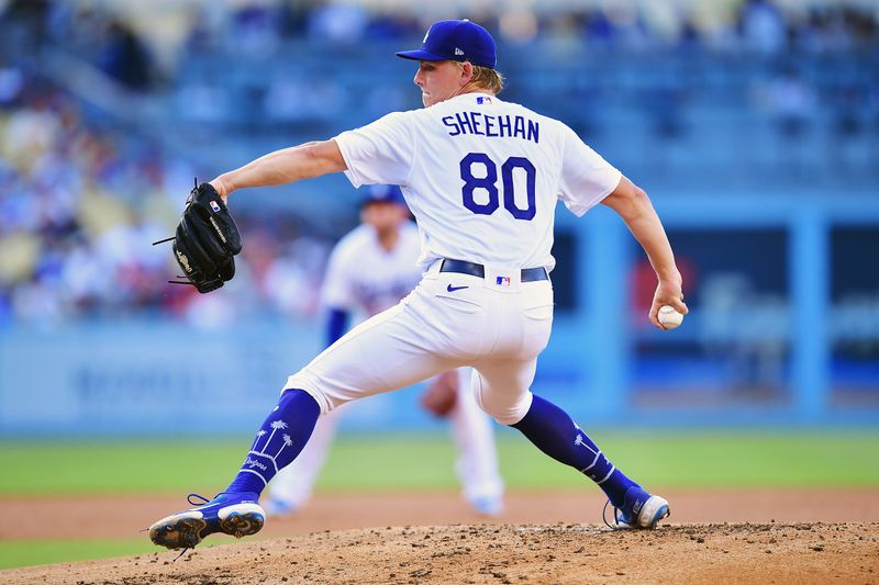 Jul 29, 2023; Los Angeles, California, USA; Los Angeles Dodgers starting pitcher Emmet Sheehan (80) throws against the Cincinnati Reds during the second inning at Dodger Stadium. Mandatory Credit: Gary A. Vasquez-USA TODAY Sports