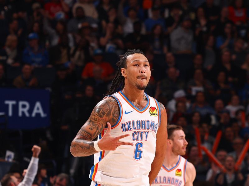 OKLAHOMA CITY, OK - FEBRUARY 23: Jaylin Williams #6 of the Oklahoma City Thunder celebrates three point basket during the game against the Washington Wizards on February 23, 2024 at Paycom Arena in Oklahoma City, Oklahoma. NOTE TO USER: User expressly acknowledges and agrees that, by downloading and or using this photograph, User is consenting to the terms and conditions of the Getty Images License Agreement. Mandatory Copyright Notice: Copyright 2024 NBAE (Photo by Zach Beeker/NBAE via Getty Images)