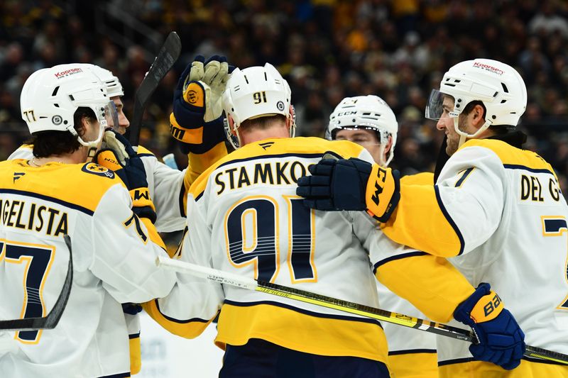 Mar 4, 2025; Boston, Massachusetts, USA;  Nashville Predators center Steven Stamkos (91) is congratulated after scoring a goal during the second period against the Nashville Predators at TD Garden. Mandatory Credit: Bob DeChiara-Imagn Images
