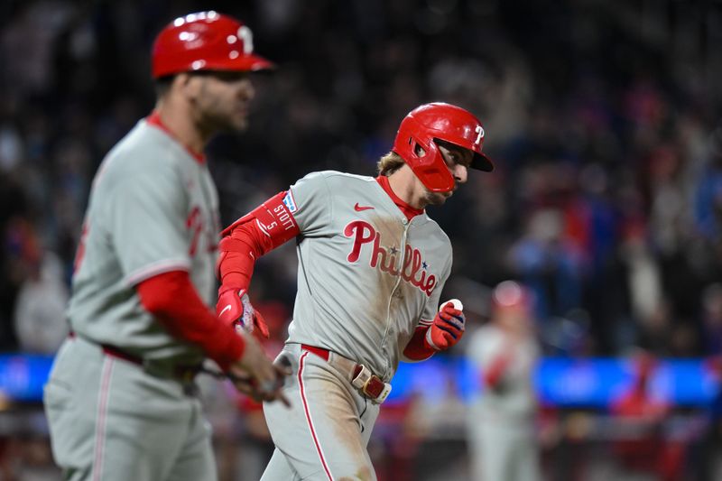Apr 21, 2025; New York City, New York, USA; Philadelphia Phillies second baseman Bryson Stott (5) rounds the bases after hitting a three run home run against the New York Mets during the ninth inning at Citi Field. Mandatory Credit: John Jones-Imagn Images